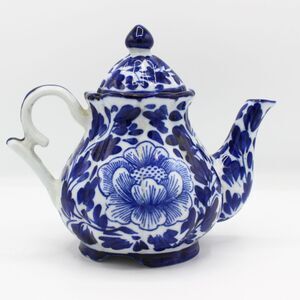 Vintage Blue White Porcelain Teapot Floral Design Small Hand Painted Asian Style